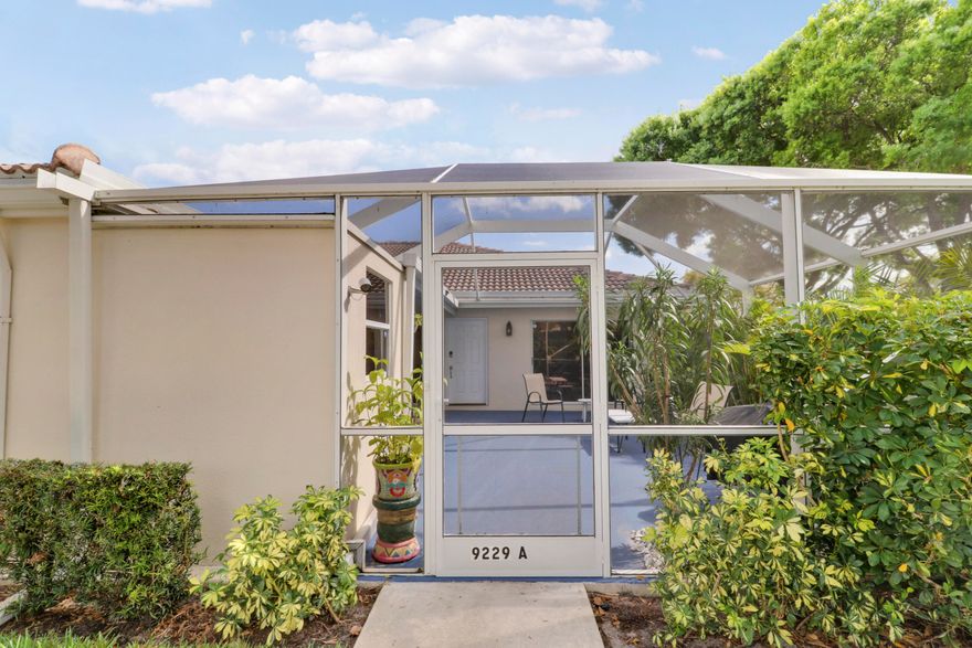 Welcome home to Sun Terrace at the Gardens! This updated and well-maintained 2-bedroom, 2-bath patio home features an inviting floor plan with vaulted ceilings that create a bright, open feel.  Enjoy entertaining on the spacious screened-in patio, complete with a covered area that keeps your patio furniture and TV protected from the elements.  The kitchen has been beautifully updated with quartz countertops, stainless steel appliances, automatic faucets, a disposal, LED color-changing lighting, and a pantry for extra storage.  A split-bedroom floor plan provides privacy, and the owner's suite includes an en-suite bathroom with double sinks and a walk-in shower. This home also includes a washer and dryer as well as a convenient storage unit—perfect for beach gear, tools, or even  an extra refrigerator. The flooring throughout the home is tile and laminate for easy maintenance.  The intimate community consists of only 80 homes and features a community pool. Sun Terrace at the Gardens is centrally located within 1.5 miles of I-95 and close to the excellent shopping and dining in Palm Beach Gardens, as well as the beautiful nearby beaches.