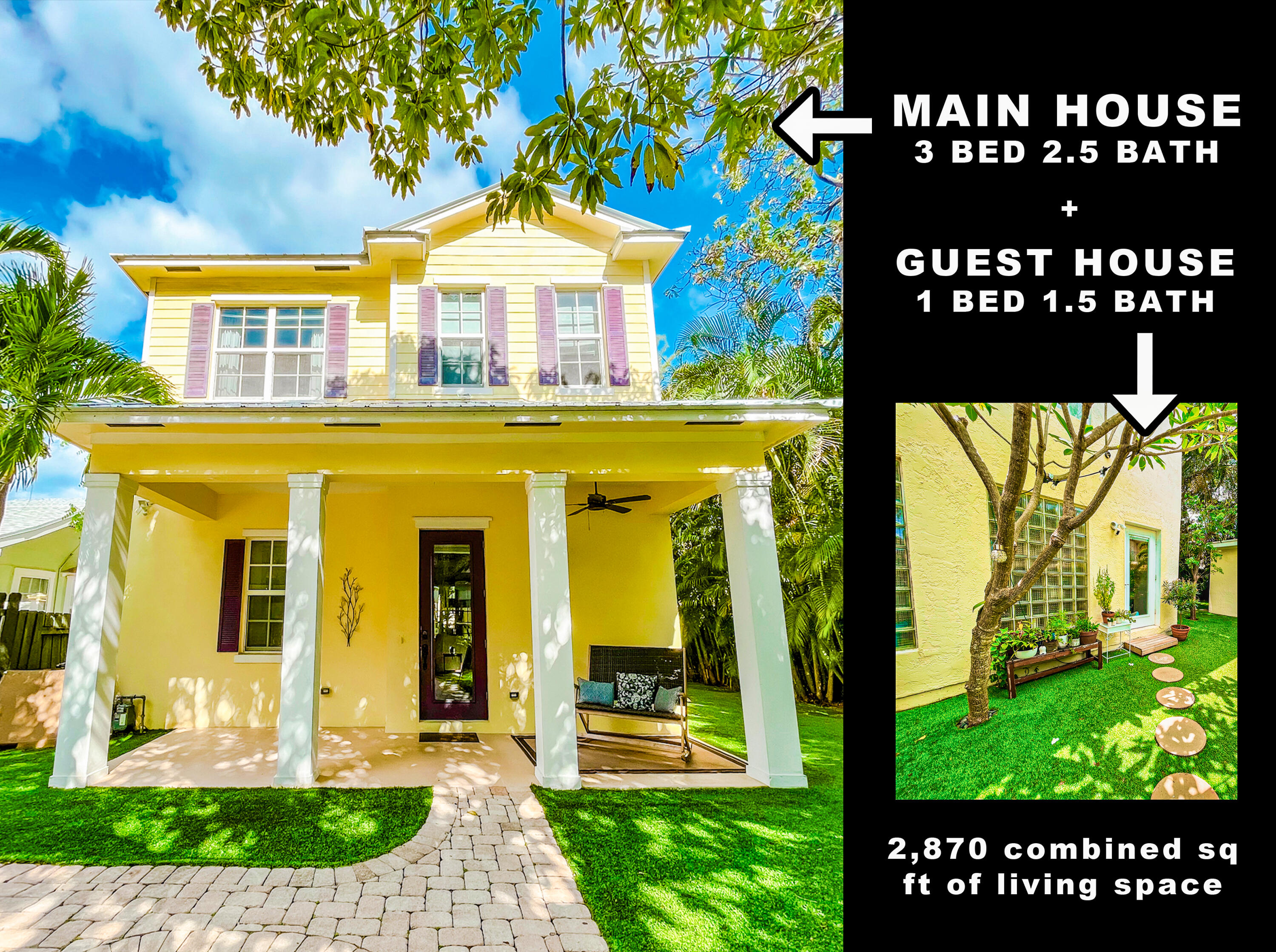 (2) ''Two Story Houses'' with 2,870 combined living space. Great investment for year-round or seasonal rental with projected revenue for 2022 & 2023 or simply make it your own! West Palm Beach area features a well maintained 2010 two-story concrete build house with 3 bedrooms, 2.5 baths. Plus, a 1975 two-story concrete build charming guest house with 1 bedroom, 1.5 bathrooms. Plus, one detached concrete build bedroom/office with endless possibilities! This gorgeous property is located in highly desirable Palm Beach Florida neighborhood of Grandview Heights. A true hidden gem, ideally located to ''the walkthrough'' path leading straight to downtown West Palm Beach.