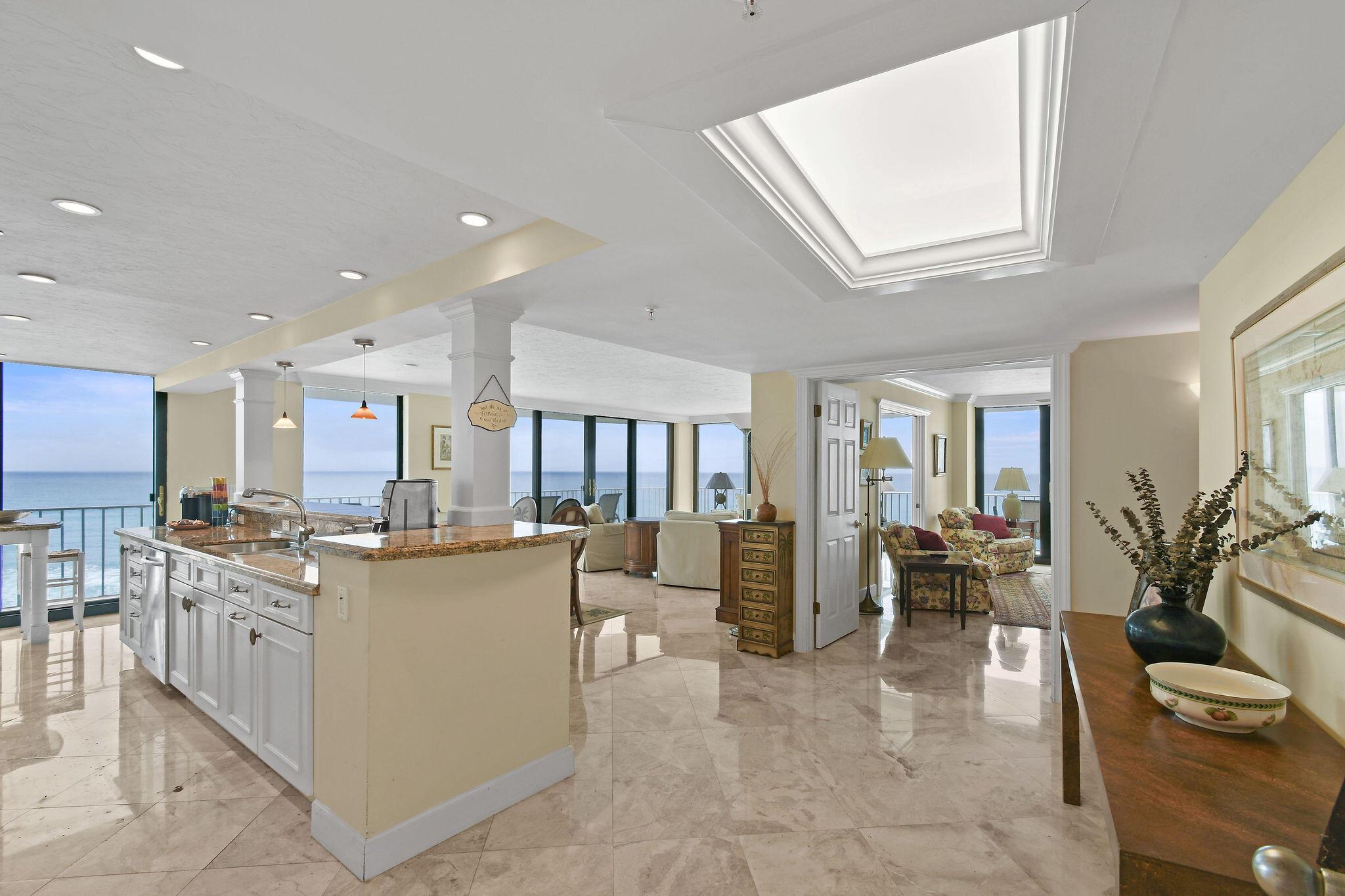 A rare opportunity to purchase this well maintained penthouse residence with panoramic ocean views. Beautiful wrap-around balconies allow for total privacy. The primary bedroom has a unique, private built-in office. New oceanfront pool area complete with fire pits and grills. The complex also features a fitness center, pickle ball courts, tennis courts and of course...the beach. A resort style, full service, ocean front building on the south end of Palm beach. Easy to show.