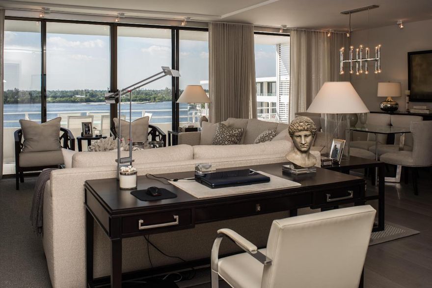 Spectacular Penthouse apartment with stunning views of the Intracoastal that wrap around to the Ocean from huge southwest terrace. Total incredible gut renovation by top designer using the finest materials. Open kitchen, wood and stone floors, raised ceilings, custom cabinetry, new doors, moldings and lighting. Reconfigured into a 3 bedroom plus den/office. Deeded beach path next to Four Seasons Resort. The Cove features a beautiful new pool and deck, stylish lobbies and hallways, fitness center, and doorman. Short drive to Worth Avenue, cultural centers, Par 3 golf club, and Palm Beach tennis center.