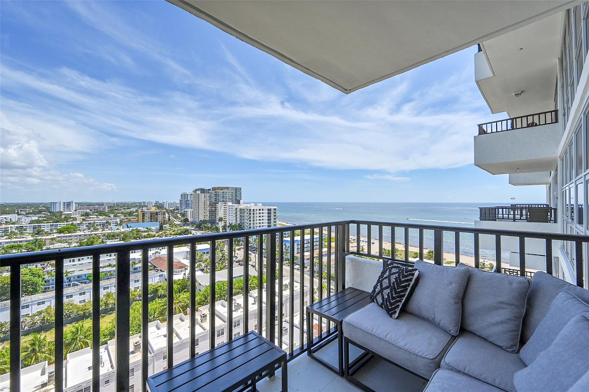 Breathtaking ocean and city views from this fully renovated, turnkey condo featuring floor-to-ceiling hurricane-impact windows and doors. Enjoy a bright, open layout with a modern kitchen—white cabinetry, quartz counters, and stainless steel appliances. Split-bedroom floor plan offers privacy, two beautifully updated bathrooms, and two large walk-in closets. Tile floors throughout. Resort-style amenities include 24/7 concierge, fitness center, tennis, pickleball, bocce, game room, BBQ area, and garage parking. Walk to the beach, Pompano Pier, shops, and dining. Fully furnished.