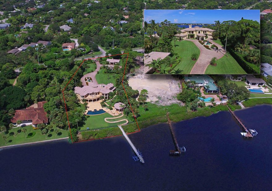 Palatial private gated Riverfront Estate on the Loxahatchee River. This elegant home sits on 1.72 acres with 180 ft. of panoramic river views. This stunning home features saturnia marble & wood flooring, Venetian plaster, a gourmet kitchen with Wolf appliances, formal living room with a fireplace, formal dining room, full elevator, 2 laundry rooms, 6 car garage, wine cellar, separate catering kitchen & a caretaker quarters with a living area and full kitchen. Crestron lighting, security system. The separate 1,176 sq. ft. guest house has 2 bedrooms, 2 baths, kitchen with a living area. Beautiful pool with 2 outdoor kitchens for entertaining with all new exterior tile, newer dock with a boat lift surrounded by lush tropical landscaping.