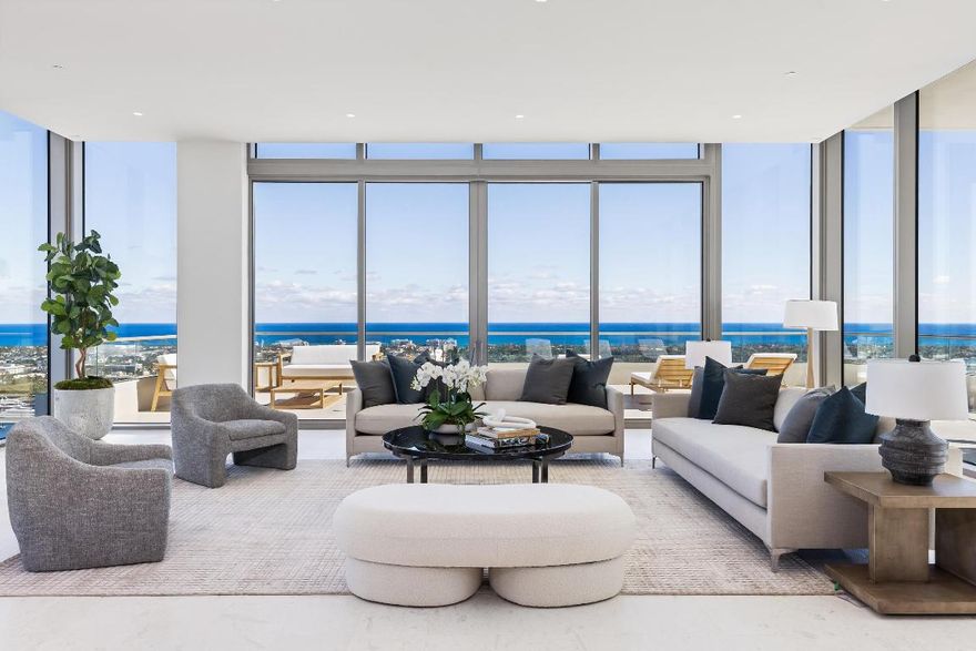 Spectacular Penthouse condominium in the brand new La Clara. Gorgeous sweeping views of the Ocean, Intracoastal, Palm Beach, and downtown West Palm Beach. Foyer open to stunning water views and formal living room with large terrace. Gourmet kitchen with Miele appliances, gas stove top, butler's pantry, and chef's island with seating. Dining room and family room connect to oversized waterfront terrace that is perfect for entertaining. Primary suite features terrace, dual walk-in closets, and large bath with dual sinks, soaking tub, and separate shower. Two guest suites with ensuites open to waterfront terrace. Additional features include den, lounge, powder room, and laundry room.