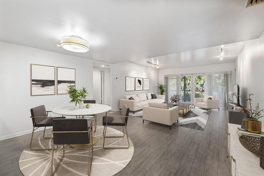 Step into sophisticated style and effortless living in this beautifully reimagined condo tucked behind secure, manned gates. Spacious three-bedroom offering an ideal balance of openness and privacy. The heart of the home—a sleek, modern kitchen—boasts quartz countertops, premium appliances, and seamless flow into the expansive living and dining areas. Porcelain wood-look tile flooring runs throughout, adding warmth and durability. Enjoy tranquil garden views from the oversized, enclosed patio—an ideal spot for relaxing or entertaining. Both bathrooms have been fully renovated with contemporary finishes, including quartz vanities, stylish subway tile, and designer fixtures. Freshly painted and move-in ready, this home is the perfect blend of function, comfort, and refined design.