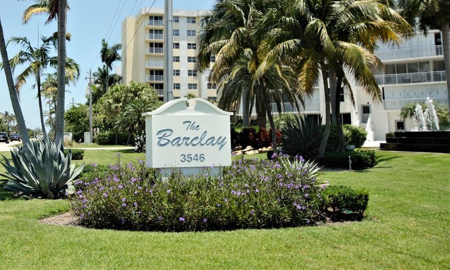 The Barclay condominium is a resort inspired, oceanfront community with state of the art facilities ranging from the gym, game room to garage car wash. A social environment with several opportunities; saline heated pool, tennis courts, gas grills around a covered outdoor kitchen area; multi-aged gamerooms / social rooms; covered parking; drive thru carwash, 24 hr Doorperson and so much more! The lobby and inside has undergone a stunning remodel / renovation and has become an even more desirable address. This MCM inspired 1 bedroom / 2 bath residence is spacious and looks out to a tropical garden with a new, beautiful fountain and boasts some of Florida's most amazing sunsets. Walls of floor to ceiling sliders in major rooms with extra long balconies; on the beach!