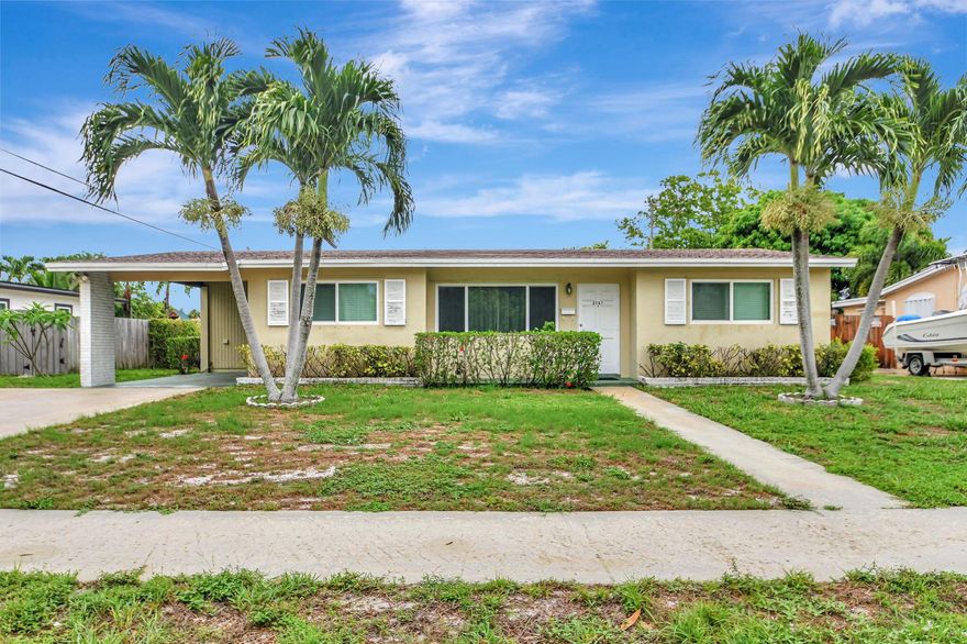 Step into this mid-century home with character and potential waiting to be made yours! Nestled within a quiet, no-HOA neighborhood, this 3 bed, 2 bath home is centrally located to all that Palm Beach County has to offer. A new roof, 2018 , and impact windows, 2021, help lower insurance costs and increase peace of mind during storm season. This residence offers a solid foundation for comfortable living or an amazing investment opportunity.
Embrace charm by refinishing the terrazzo floors, a hallmark of mid-century design, or add the flooring of your choice to customize your dream space. The spacious living area holds promise for gatherings and relaxation. The yard has room for a pool and two sheds for convenient storage. Don't let this opportunity slip away, schedule a showing today