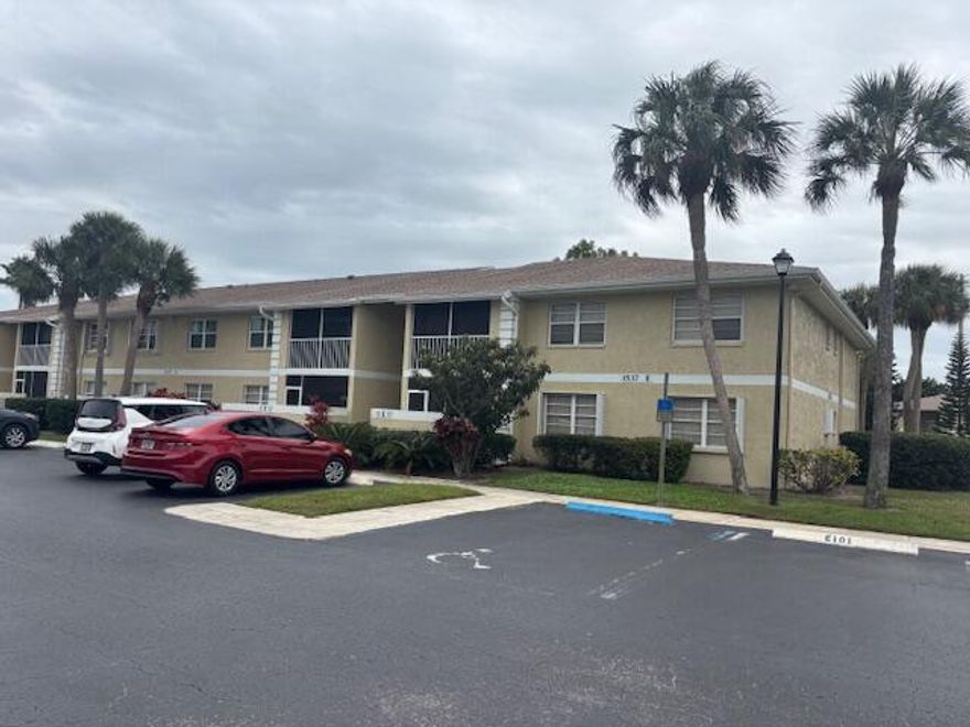 Corner unit move in ready, Large tiles throughout in unit washer dryer, Newer AC and water heater replaced 2024 new fridge 2023 Buildings repainted 2023 roof replaced 2021
Just steps from heated pool, rental allowed, no wait period, Trucks allowed w/restrictions.  All Ages Community.  HOA fees include water, exterior maintenance, landscaping, roof building insurance, ,garbage pick up