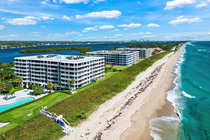 MOTIVATED SELLER! CABANA INCLUDED - Experience refined coastal living in this stunning 3-bedroom, 3.5-bath residence offering 3,136 sq feet of thoughtfully designed space.  Impressive entry with volume ceilings, the residence features a spacious open concept Living/Dining ideal for both relaxed living and elegant entertaining, complemented by a wraparound balcony showcasing sweeping views of the Intracoastal Waterway and the Atlantic Ocean. A desirable split-bedroom floor plan, The primary suite is a private retreat, complete with generous walk-in closets and a spa-like bath. Additional highlights include a large, well-appointed laundry room with Water Filtration system, abundant storage throughout & 2 garage parking spaces, EV Charging Beautifully maintained environment.  Located within a gated community with full-service amenities including doorman service, on-site Mgmt. Exceptional amenities include, Pool, Spa, Tennis with onsite Pro and Pro Shop, Outdoor Barbecue, Fitness.   Perfectly positioned just moments from premier shopping, fine dining, and convenient access to the airport, this is a rare opportunity to own a sophisticated waterfront residence offering scale, views, and an elevated lifestyle.