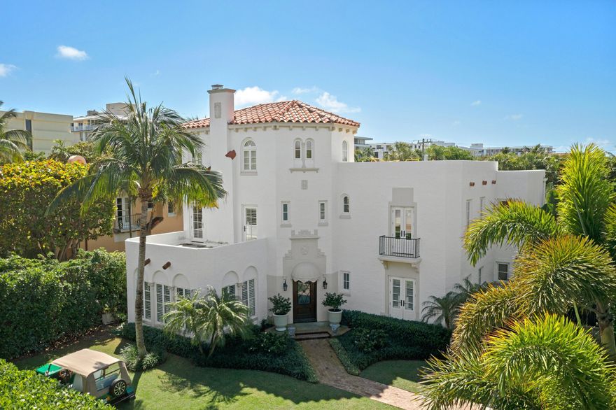 Welcome to 130 Brazilian Avenue, a newly renovated designer masterpiece boasting an elegant three story tower that embodies the classic Mediterranean Revival style. This estate residence is situated in the heart of town within the prime ocean block. Architecturally beautiful with charm intact, the primary residence offers a tranquil and serene environment from which to enjoy the ocean breezes. On an oversized lot the main residence, which has been thoughtfully re-designed, features four bedrooms, with partial ocean views from the cupola bedroom suite roof deck. The home offers distinct, significant details including arched windows, stone medallions, barrel tile and wrought iron railings. The two-story guest house offers two additional bedrooms and gym. The grounds include an elegant pool