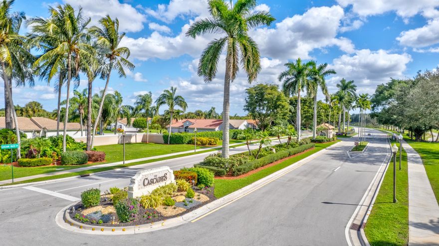 WATER AND GOLF VIEWS! Enjoy beautiful west-facing GOLF AND WATER views from this bright and spacious 3-bedroom, 2.5 bath LARGEST MODEL in CASCADES located in one of Boynton Beach's most sought-after 55+ communities. BRAND NEW KITCHEN APPLIANCES AND JUST PAINTED. Large open great room and an airy layout that feels ideal for both everyday comfort and entertaining. Neutral tile runs through the main living areas, creating a clean, timeless look with easy maintenance. The spacious interior flows effortlessly to an extra-large screened-in SPA-patio area. This home is beautifully landscaped, well maintained, and offers a layout buyers love. It is move-in ready, FRESHLY PAINTED and NEW KITCHEN APPLIANCES while still   giving you the opportunity to update and personalize to your taste over time. Located in The Cascades, a premier active adult community, residents enjoy a vibrant lifestyle with exceptional amenities, social activities, and a convenient location close to shopping, dining, and everything Boynton Beach has to offer. The Cascades community features: Clubhouse has been updated in 2017 Beautiful ballroom that hosts entertainment that includes shows with lots of dancing. --- Many clubs with activities for everyone! THREE Card rooms, one of which is a Poker card room, Billiard room with 4 tables, Large Art room with kiln on site. --- The Cascades has a state-of-the-art fitness facility that has classes, exercise equipment, free weights, a men's and ladies' sauna, 8 Har-Tru lit tennis courts, 8 Pickleball Courts, racket Pro, league play, and much more! --- See your friends and neighbors at the WAIT SERVICE SIT-DOWN NEWLY RENOVATED CAFE on the premises that is open for breakfast, lunch daily, and dinner on show nights. --- A yearly fee of $260.00 for the cafe is used as a credit towards the purchase of food at the cafe. --- Maintenance is paid quarterly at $1947/Quarter and includes painting of the outside of the house, power washing of roofs with fungicide (done in 2025) Xfinity X1 basic cable four hookups, DVR HBO channels including HBO Max. High-speed internet and Lawn Maintenance --- The Cascades is a dog-friendly community. You can have up to 2 dogs of any size no aggressive breeds. --- The Cascades is located close to 2 major highways 2 international airports 2 major Performing Arts Centers. East Delray Beach with shopping restaurants Lots of FREE Live entertainment Art Fairs And of course, the beach! West Delray has: Delray Market Place, which is just minutes away on Atlantic Ave has: Shops restaurants newly renovated Movie Theater with: America's only Dine-In IMAX Theater. Extreme Theater with tilt screen, Dolby Atmos immersive sound, and Laser Projection. COUNTRY CLUB LIVING WITHOUT THE HUGE BUY IN-
