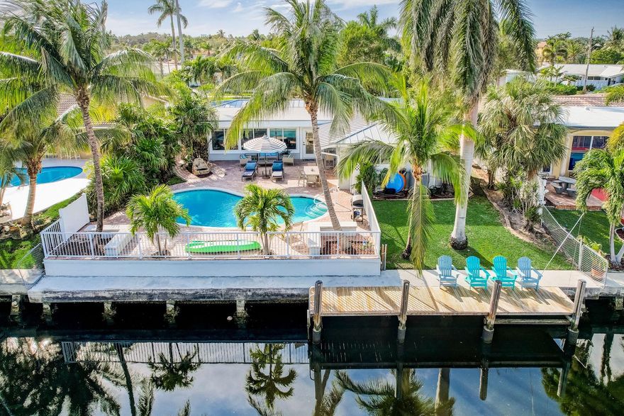 APRIL 7th-14TH,IS BLOCKED TO ALLOW PROPER ACCESS. OCCUPIED 95%. 70 FT. Deepwater w/eastern exposure(14FT clearance@Mean low tide) w/private dock, tongue&groove seawall w/batter pilings; perfect for boating enthusiasts. Private tropical landscaping welcomes you. Fully fenced+gated heated pool! TURN-KEY FURNISHED! Marble flooring, upgraded open kitchen w/Gas cooktop, grill & HWH. IMPACT windows & doors, 2022- metal roof, air duct system & new gutters. PVC pipes, & updated electric panel. Bask in the Florida sun, savor serene waterfront views & East/cross breezes. 1.5CG + additional driveway from front opening-IF desired. Dead end island street. 1-2 miles from all lifestyle pics-golf, amphitheater, white sand beaches, water sports stations, art exhibits, live music, cultural events to start.