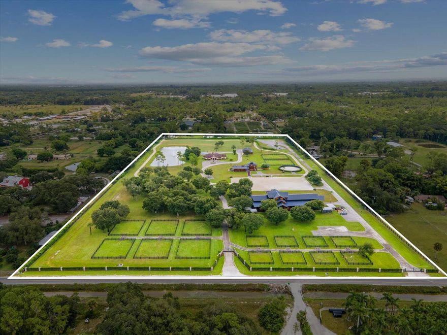 AP Hacienda is a 20 acre equestrian compound that is a MUST SEE property. One of the most architecturally significant equestrian properties in Palm Beach County located only a short drive to all equestrian venues in Wellington. This 37 stall property with 16 irrigated paddocks w/water, 72' round pen, 3 acre Bermuda grass jump field, perimeter exercise track, 2 separate gated entrances, entertainment pavilion overlooking the 150' X 260' riding arena, fire sprinkler system, memory foam stalls, 6 horse walker, 4 RV hookups and reverse osmosis water w/2,000 gallon reserve, 3 tack rooms and 2 feed rooms - all air conditioned, fly spray and 2 full bathrooms