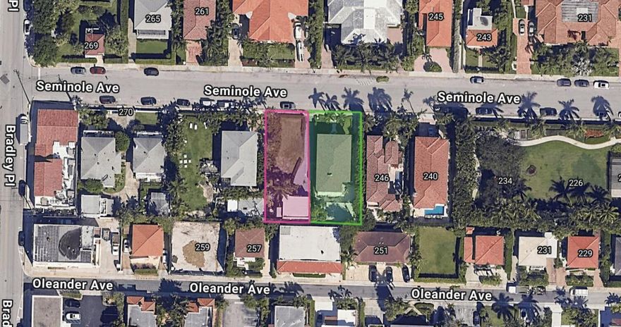 Offered as-is; unique opportunity for R-C redevelopment on a great mid-town street. Can be combined with the adjacent property at 256 Seminole Ave for a double lot. Parcels are legally separated and can also be sold individually. Ability to purchase all 6 lots on the street: 219, 223, 250, 256, & 264/270 Seminole. Incredible redevelopment potential with close proximity to the beach, bike trail, places of worship, restaurants, shopping, The Breakers, and convenient access on/off the north bridge.