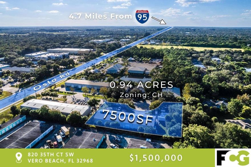 A rare flex opportunity off Oslo Road in Indian River County. This 7,500-square-foot industrial flex building sits on one acre zoned Commercial Heavy (CH), offering one of the most versatile use profiles in the county. The property is fully leased with 2 years remaining, delivering immediate income and providing a clear path for repositioning as either a multi-tenant investment or a future owner-user facility.

The building is already configured for three independent bays, each with its own electric meter and restroom. This allows investors to increase NOI through market rent adjustments and multi-tenant lease-up, while giving owner-users the ability to occupy one or more units and offset overhead with rental income from the remaining suites.