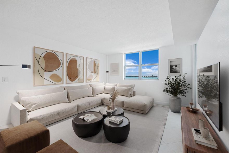 Stunning high floor bay views and tons of natural light at Treasures on the Bay! Remodeled 2 bed/2 bath residence totaling 1,100 square feet plus a large balcony to enjoy sunsets. Featuring a renovated kitchen with a brand new oven (convection, air fry and WiFi connectivity), stainless steel appliances and soft closing doors. Two newly renovated full bathrooms, equipped with updated vanities, quartz countertops, Moen fixtures, large format mirrors and vanity lights. The tile floor throughout the apartment was just refinished/regrouted and both bedrooms have brand new carpet. Full impact windows, ample storage (walk-in closet in primary bedroom) and impressive views from the 8th floor. Residents enjoy access to a state-of-the-art fitness center, 3 swimming pools