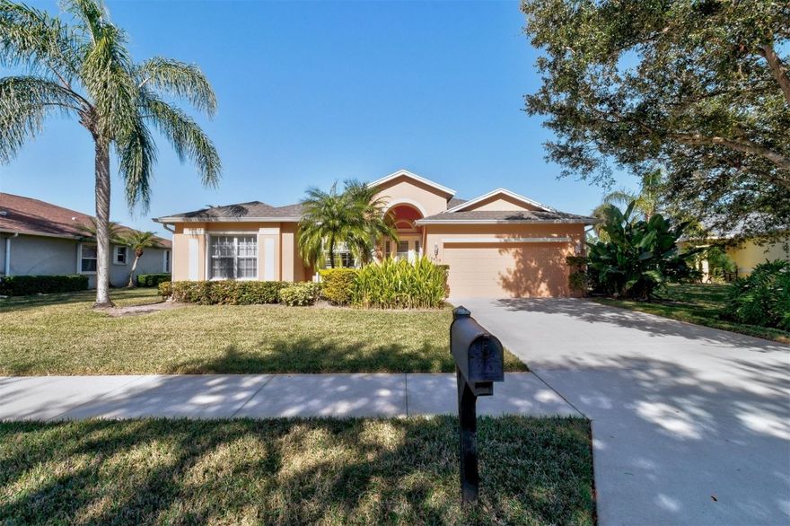 Welcome to your Florida oasis! This meticulously maintained 2-bedroom, 2-bathroom plus den/office home is situated on a sprawling 0.28-acre corner lot in the highly sought-after gated community of The Sanctuary. Spanning over 2,050 square feet of bright and airy living space, this residence perfectly blends comfort with the serene Florida lifestyle. The heart of the home features an open-concept floor plan with vaulted ceilings and durable tile flooring throughout the main living areas. The spacious kitchen is a chef's delight, complete with ample cabinetry, and a cozy breakfast nook. Step outside to your private, screened-in pool and take in the serene view of lush, mature landscaping. This inviting outdoor space is designed for relaxation.