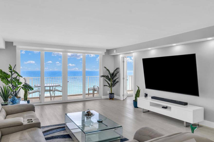 Completely remodeled and beautifully appointed, this stunning 2-bedroom, 2-bathroom direct oceanfront residence offers unobstructed Atlantic views from nearly every room. Encompassing 1,454 A/C square feet and a spacious 28 x 6 balcony, the residence delivers an exceptional indoor-outdoor coastal living experience. The meticulous renovation features floor-to-ceiling high-impact hurricane windows and sliding doors that frame breathtaking ocean vistas throughout the unit. A desirable split-bedroom floor plan places the primary suite directly on the ocean, complete with balcony access and panoramic sunrise views. The thoughtfully redesigned open kitchen serves as the centerpiece of the residence, positioned to capture sweeping ocean views while seamlessly connecting the main living areas.  Additional features include one garage parking space and a private storage locker conveniently located on the floor's lobby level. This residence can be sold turn-key and offers the rare opportunity to move right in and enjoy a sophisticated beachfront lifestyle. Ideally located within walking distance to Deerfield Beach's vibrant restaurants, shops, and the iconic Deerfield Beach Pier. Three Thousand South has completed a comprehensive modernization of the building and grounds. Improvements include a new resort-style pool area with covered cabanas and an outdoor kitchen with grills, concrete restoration, new cooling tower, new roof, new generator, new fire pump, new entry portico and pavers, new seawall, upgraded building HVAC system, all new exterior lighting, new garage ventilation system, ELSS completion, and a new security camera system. All improvements have been paid by the seller. Next on the horizon is a complete lobby renovation, adding the finishing touch to this exceptional oceanfront community.