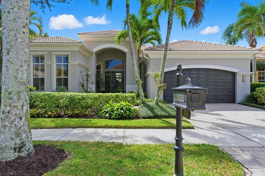 Gracious home set in the very desirable Vizcaya Drive neighborhood in The Country Club at Mirasol. The home enjoys an exceptional view, overlooking both the Sunrise golf course and a beautiful lake, offering a spectacular private setting. A true 3-bedroom, each with its own private bathroom, plus a guest bathroom and an office.Additional features include hurricane shutters installed in 2017, a Generac generator installed in 2020 with a 10-year warranty, and new hurricane impact-resistant front doors. A screened-in patio overlooks the wonderful views. In addition, a new refrigerator and dishwasher were installed in 2022, and LG washer and dryer in 2019.This lovely home offers a social membership, which can be upgraded to a sports membership.