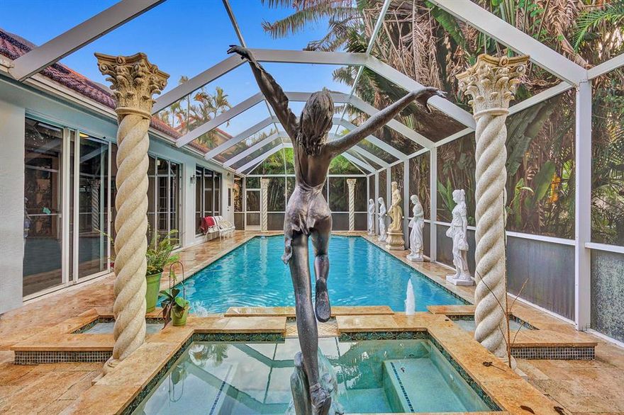 This home is South Florida Living at it's finest. This 3 bedroom 3 bath home is located in idyllic Aberdeen Golf & Country Club, a fantastic community. Welcome guests with a seat at your custom bar.  Enjoy family meals in an upgraded kitchen which looks out over your lush landscaping and pool. This home is tropical in style with an updated pool. Rest and rejuvenate in the large primary suite with tub, separate shower, dual sinks, ample counter space and wood cabinetry. Spend weekends in the stunning screened-in pool or barbequing on the travertine deck. Use the Florida room as an office or patio, the choice is yours. This home in Aberdeen is ideally located near the clubhouse, tennis courts and resort style amenities. This home is exceptional. Welcome to your new happy place, welcome home.