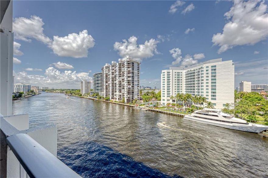 NEW IMPACT WINDOWS AND DOORS TO BE INSTALLED AND TOTALLY PAID FOR BY THE SELLER** PRIME Sunrise Intracoastal WATERFRONT LOCATION. Yacht level views day & night! Boutique GATED building. Semi private foyer entrance, immaculately maintained 1 bed 2 bath condo ready for new owners to make it their own. Bright east west flow thru unit, Spacious rooms, in home W/D, private trash chute, Parquet wood floors, and private balcony overlooking the water. Amenities include heated ROOFTOP POOL / Deck, 2 updated gyms and clubroom – all with expansive panoramic views, drop off dockage for guests, BBQ grill, covered pet park on ground level, gorgeous new lobby, 24hr security, GARAGE PARKING. Pets up to 25#. Close to beach, park, fine dining. Nightlife & shopping. BEST WALKABLE LOCATION.