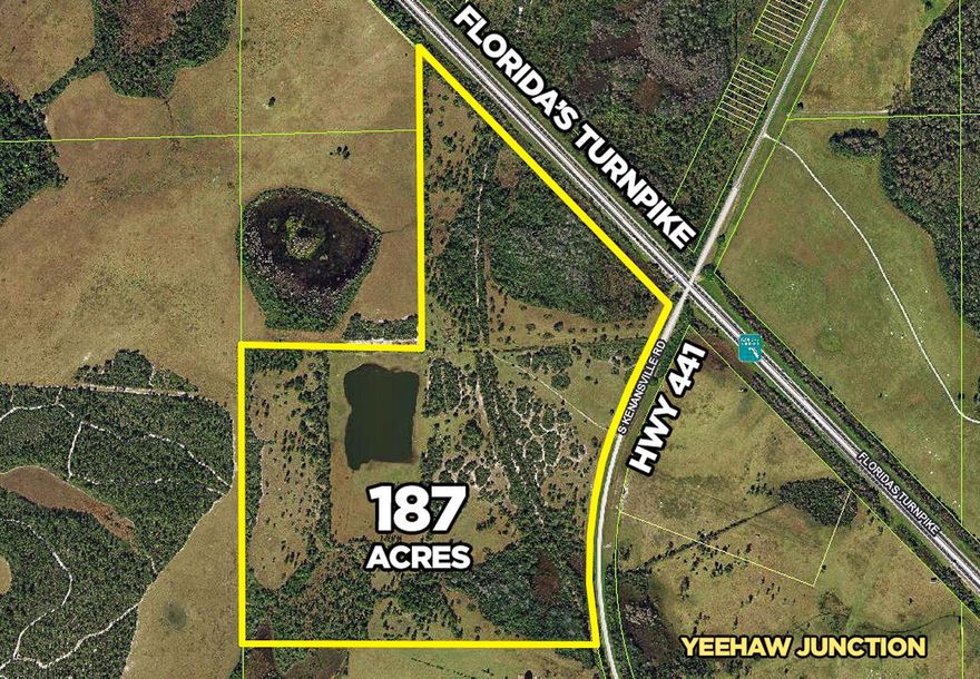 This beautiful 187-acre Old Florida land is filled with wildlife. Sit by your own lake and watch the deer and turkey wander by or launch your kayak and take a leisurely paddle around the lake. This beautiful property would make an ideal spot for a country estate, family compound, or a weekend getaway. Located at the Florida Turnpike/State Road 60 exit at Yeehaw Junction - only 30 minutes from Vero Beach and central to all major Florida markets. Features 2700 feet of frontage on the Turnpike with 3 income-generating billboards and a half-mile of frontage on US 441/Kenansville Rd. Owned by the same family for over 40 years.