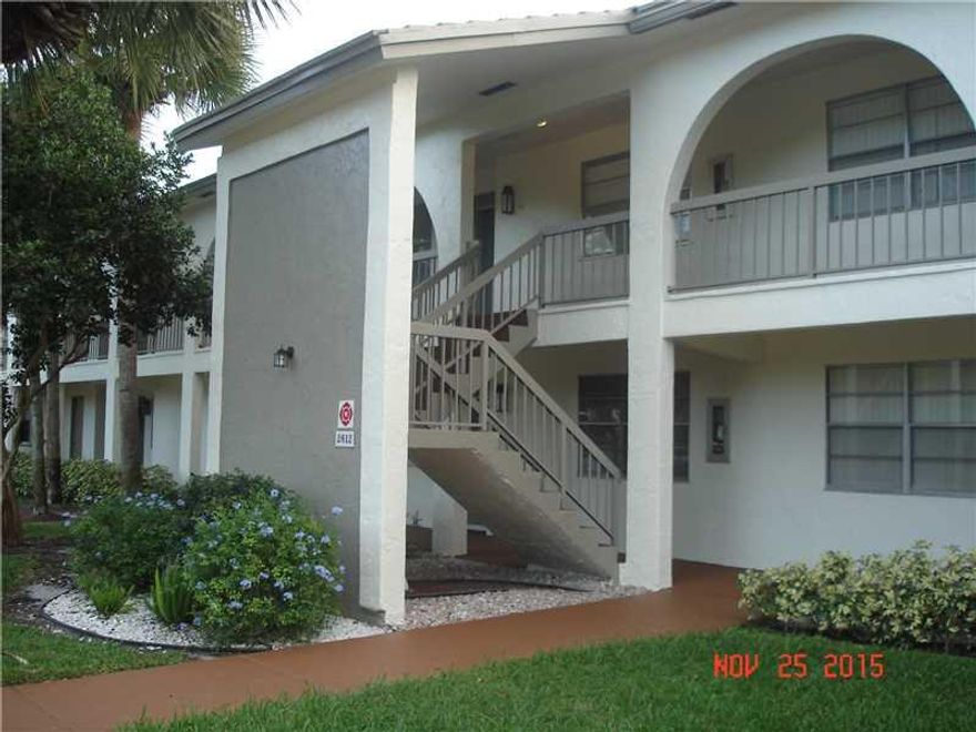 Unit features newer diagonally laid tile floors, newer a/c and hot water heater.  Both spacious bedrooms have large walk-in closets.  The building has an elevator/lift for residents who have difficulty with stairs and transporting large objects to the 2nd  floor. Great location with lovely views of grounds and walking location to tennis courts, pool and clubhouse.  Wynmoor complex has fabulous country-club type living with large theater, 24 hour guarded gate, jogging trails, courtesy buses, etc.