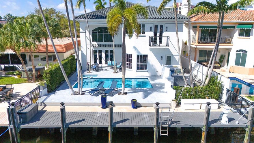 Spectacular fully updated and gated waterfront home, with 50' dock in the heart of Las Olas, only 10 minutes from Port Everglades inlet. Enjoy the cool evenings with your backyard facing east. Take the elevator to the second floor where you will find 2 primary suites with oversized Bathrooms featuring Restoration Hardware cabinetry. The ground floor features an open kitchen/ dining area, walk in pantry, formal dining room, 300 bottle wine cellar and living area. This is a chefs dream with 6 burner gas stove, sub zero and large countertop. The flooring is beautiful California Oak. 3 A/C units, full house generator, new pavers, heated Pool/ Spa and BBQ. This property has been substantially updated and well maintained by the current owners. Please see the 3D video attached. 4th Bedroom option