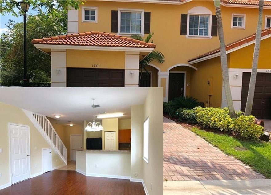 Wonderful 3 bedroom 2.5 bath townhouse in Mediterania. Laminate flooring throughout with tile in kitchen and bathrooms. Corner unit with garage and wide driveway to fit 3 cars. Lots of storage! Hurricane shutters. Family oriented community. Amenities include pool and children's play area. Conveniently located near major roads and shopping.