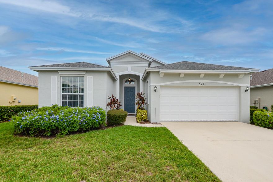 Gorgeous 2 bedroom + Den (can be used as 3rd Bedroom) 2 bath, 2 car garage home is ready to move in to today! The covered entry leads to foyer welcomes you into the split floor plan with large family room. As you enter the home, to the left is the guest bedroom and works as a private suite with adjacent 2nd full bathroom. Master bedroom boasts large soaking tub, separate shower and dual vanities. Tile and laminate flooring throughout the home. The eat in kitchen is light and bright with a window and sliding glass doors leading to the patio. From the family room and kitchen with an eat in kitchen you will be with stunned with long lake views. Plenty of space for a formal dining room. Enjoy breathtaking sunsets from the screened in back patio. Come see your new home today!