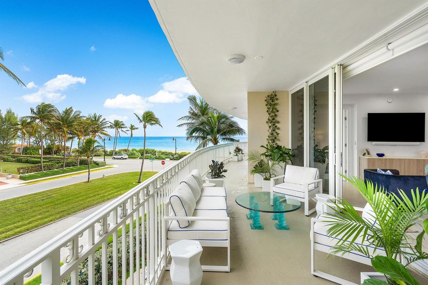 Exquisite renovation in one of the finest in-town, oceanfront buildings in Palm Beach.  3C captures stunning ocean views from all primary rooms. This 2 bedroom/bath + office is beautifully designed with stunning details including Italian cabinetry, doors and hardware, limestone floors throughout, marble countertops, and more. One Royal Palm is a  coveted boutique building with white glove services. The location is most convenient to the beach, world class shopping and fine dining.