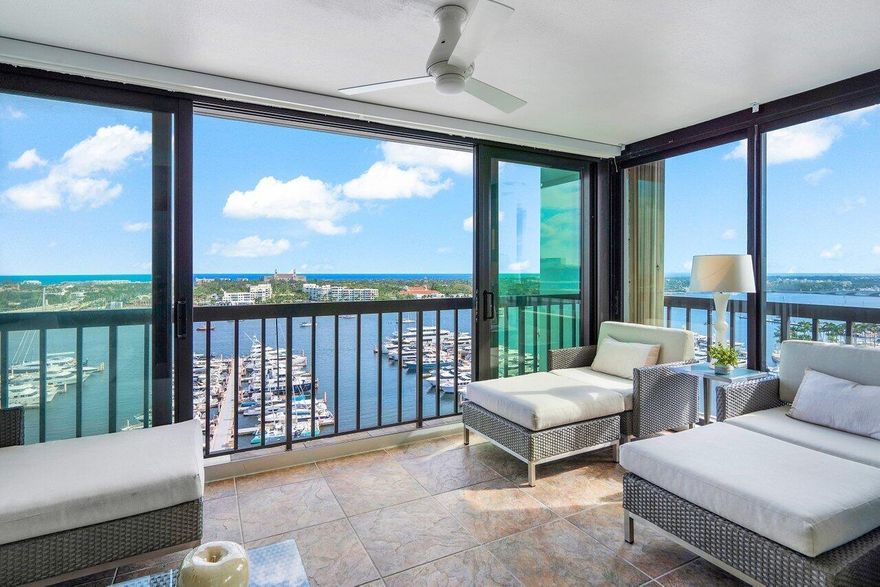 Rare opportunity to own the most desirable southeast corner '06 line on the 20th floor at Waterview Towers! Renovated 3 bedroom, 2.5 bath with 2,579 square feet of air conditioned space with a gorgeous outdoor terrace. Stunning expansive east and south views of the Intracoastal, Ocean, Palm Harbor Marina and the Island of Palm Beach. Features include new hurricane impact windows and doors, motorized solar shades, gorgeous kitchen and baths with top of the line appliances, custom lighting and fitted storage throughout. Full service building with doorman/concierge, valet and garage parking, pool, fitness center, tennis and pickleball courts. Nearby to restaurants, shopping and cultural activities and a short walk over the adjacent ''North Bridge'' to the center of Palm Beach. Pets permitted