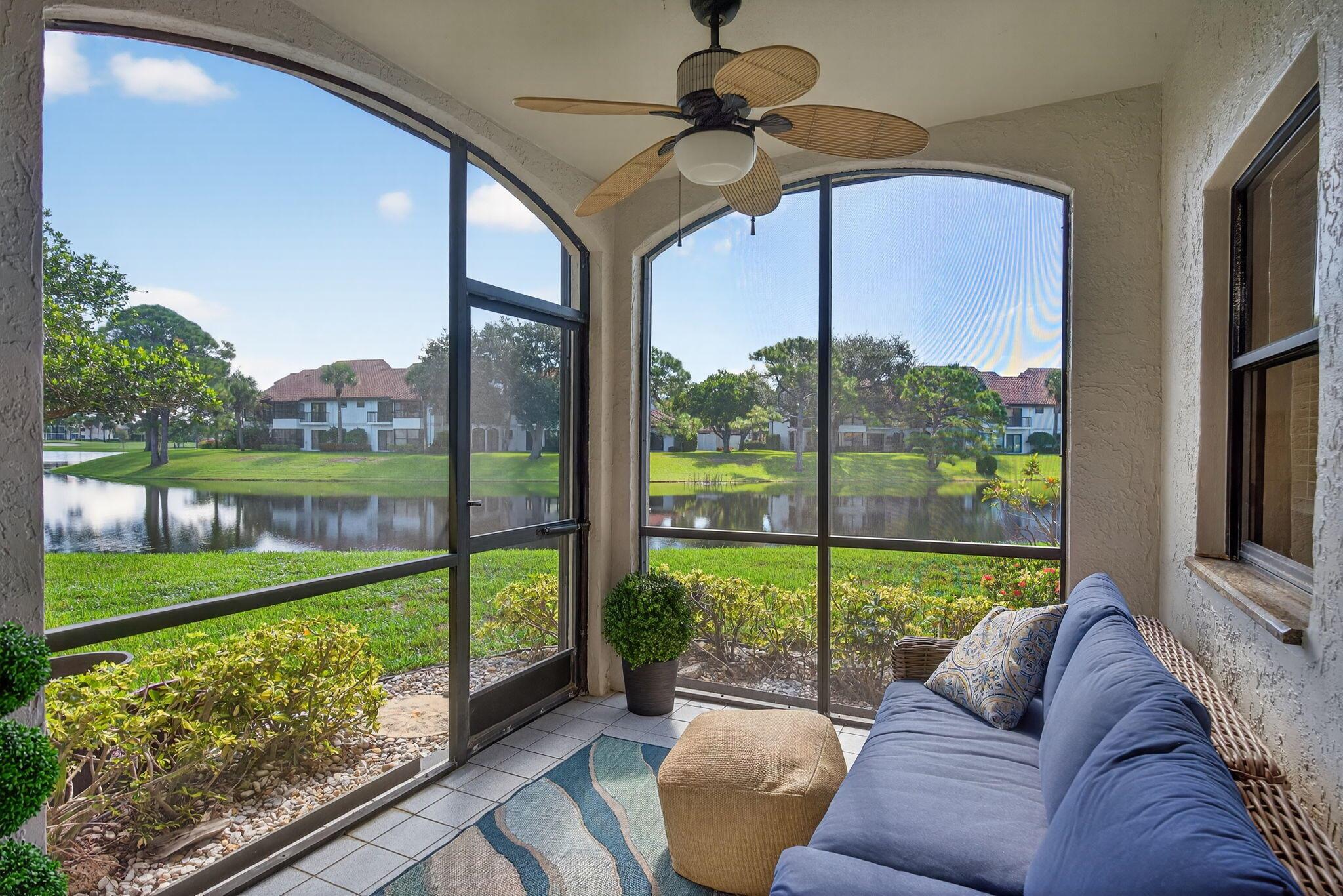Rare opportunity to spend the season in Jonathan's Landing in a well appointed, renovated, waterfront first floor residence. This two bedroom, two bathroom plus one car garage is a gem. Inviting screened in patio for outdoor living, King bed in the master bedroom plus lots of storage and built in closets, laundry room with newer appliances. Landlord will also rent annually (furnished only).