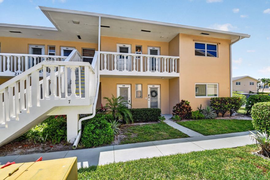 Welcome home to this beautifully updated 2 bedroom, 1 bath corner unit in the desirable 55+ community of Village Royale. Light, bright, and move-in ready, this coastal inspired condo features an updated kitchen, spacious primary bedroom, and in-unit laundry. Offered fully furnished and turnkey, it's perfect as a seasonal retreat or year-round residence.  Ideally located just minutes from the beach, I-95, restaurants, and shopping. Residents enjoy amenities including a pool, clubhouse, BBQ/picnic area, and shuffleboard courts. Clean, inviting, and easy to show — enjoy South Florida living at an exceptional value. Schedule your private showing today!  ** Sailboat on the enclosed balcony does not convey! **
