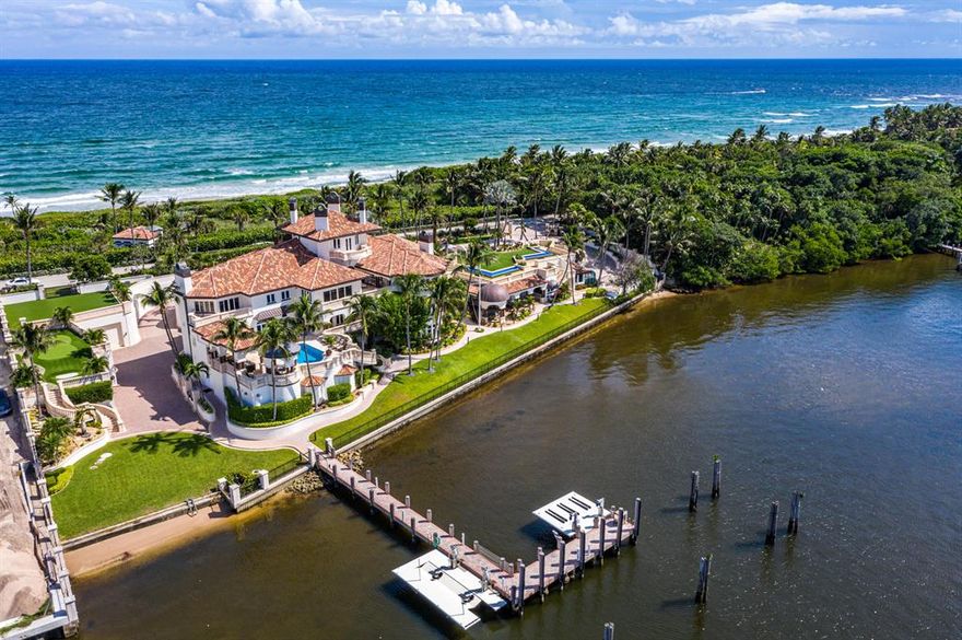 A Palatial Waterfront Estate on over 4.1 Acres Delivers Every Amenity You Could Want! This one of a kind estate is located in the heart of Palm Beach County with high security and a tunnel built underneath the home directly to your private beach and your own cabana.  With more than 12,000 SF under air, this 3 story 9 bedroom, 9 full bath and 2 half baths is one of the most exquisite estates among those of the neighboring rich and famous, who like you, appreciate the incredible views while enjoying a lifestyle of privacy. The mansion's features are too many to mention, but foremost among them are the massive room sizes, cathedral and vaulted ceilings, and the perfect use of marble, tile, wood and carpet flooring throughout the home. From the 1,100 SF living room accented by the spectacular dual-spiral marble staircase, with its high custom coffered ceiling, gas fireplace and beautiful views of the water, to the large formal dining with its own fireplace, fabulous coffered ceiling and amazing water views, to the atrium, den/office and family room, this home reflects the best of everything. The expansive eat-in kitchen with its nearby informal dining room has a custom box tray ceiling, a center island prep area, top-of-the-line stainless steel appliances, a hooded gas range, breakfast bar and custom tile backsplash, solid wood cabinetry throughout, and the large pantry make this a gourmet's dream.  For casual fun and entertaining the very spacious game room features a custom wood boxed ceiling, gorgeous marble floors, a media theater, massive custom solid wood wine storage cabinetry, a fitness area, and more than enough room for a custom poker table, full-size billiard table, huge marble fireplace with solid wood mantle, and a cozy conversation table area with lovely views of the water.
 
The master suite is located on the upper living area and features a volume ceiling, a large sitting area with exquisite views of the water, a wet bar and huge walk-in closets.  The master bath features dual sinks with custom fixtures, a separate shower and soaking tub with a Whirlpool spa, fabulous lighting and wonderful views to the water.

 For outdoor entertaining there is an open patio and a covered patio with a summer kitchen, built-in grill, and an in-ground heated pool with spa. There's an outdoor shower and 1/BR cabana with bath and the backyard provides direct access to your private waterfront dock with 350' of frontage with direct access to the Island waters and open access to the ocean within minutes. The dock is suitable for over a 100' vessel, there's a hoist/davit for large vessels and availability for electricity, water and fuel.
 
Other fabulous features of this home include an attached 2-car garage, and a large detached garage with storage room for up to 30 automobiles.  In addition to the local law enforcement, your home security is enhanced with an unmanned gate with an entry phone and your own TV camera security system.  A new roof was installed in 2018 and new impact glass doors and windows along with the A/C system and landscaping were replaced and installed in 2019. The house has a generator hook-up and a whole house generator for back-up power.
 
In addition to owning a fabulous estate in one of south Florida's most prestigious areas, Manalapan home ownership and residency comes with a gratis membership to the La Coquille Club, a cherished part of the Manalapan experience. Members are granted access to the club's many amenities, including pool, spa, private beach, tennis, golf, a business center, fitness and club room. Members are not charged initiation or fees and are billed only for the goods and services enjoyed while at the club.
Additional advantages to living in Manalapan are the town's police force, the nearby library and the lowest property tax base in Palm Beach County. All of this is within a few minutes' drive of some of south Florida's best upscale shopping and dining.