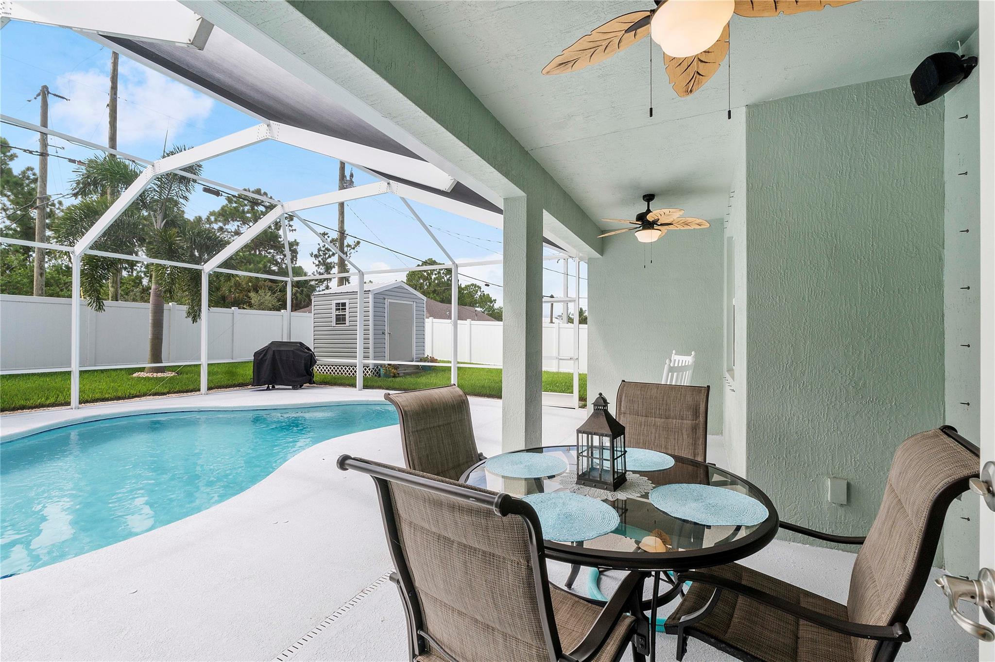 This newer 4BR/3BA home truly checks every box—designed for comfort, security & Florida living at its finest. The desirable split floor plan offers privacy and functionality, while the open layout flows effortlessly into a spacious screened-in patio and saltwater pool, perfect for year-round entertaining.
Enjoy peace of mind with a whole-house generator and security system, and take advantage of smart features like a built-in speaker system throughout. The fully fenced yard includes a bonus storage shed, and the 2-car garage boasts custom storage solutions & sleek epoxy floors for a clean, showroom finish. A versatile bonus room provides additional space for a home office, playroom, or gym. Move-in ready and meticulously maintained, this home blends modern style with thoughtful upgrades.