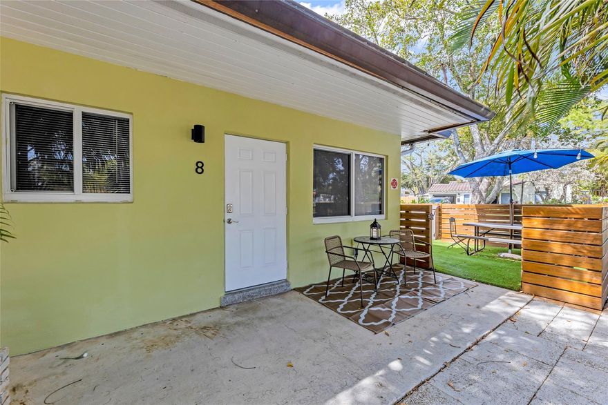 Ready for your delightful new home in the heart of Wilton Manors! 1 bed/ 1 bath end unit apartment in sought after Central Wilton Manors.  One level....first floor.  Apartment has private front patio with an outdoor seating area and large fenced-in side and backyards with exterior lighting and tropical vegetation.  Full-sized in-unit washer/dryer.  Impact-resistant windows and doors.  Open kitchen design with counter/bar.  A short-distance to Wilton Manors' Arts and Entertainment District.  Stroll to nearby restaurants, parks and businesses.  Parking right in front of the apartment. Small dog permitted with pet deposit.  Minimum credit score 700.