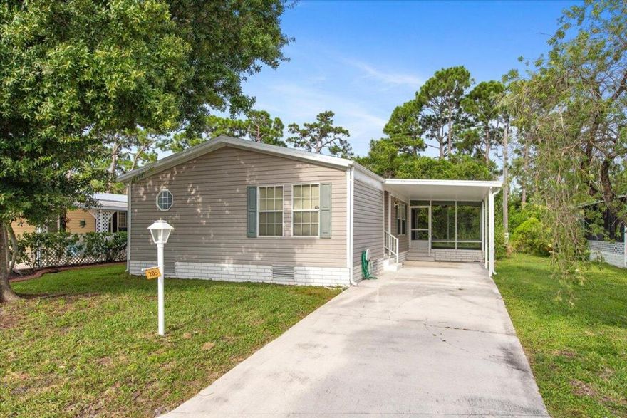 NO LAND LEASE! Beautiful Mobile Home in a 55+ Community. This home is located in a quiet and peaceful neighborhood. The home features 2 Bedrooms and 2 Bathrooms, cozy Living room that opens up to the dining area. Huge kitchen with lots of cabinet space. Nice Screened Patio to sit, relax and enjoy the Florida Sunshine. Amazing Community Amenities such as the pool, tennis, and clubhouse. Close to beaches, shopping, and restaurants. Come see the home and tour the neighborhood today!