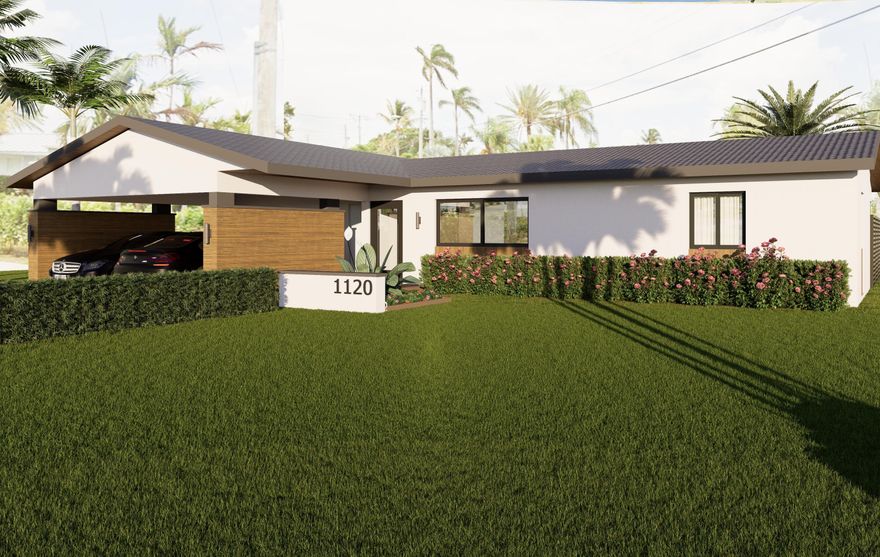 Live in East Pompano Beach's desirable Cypress Lake Estates. No expense spared! This fully renovated home features high-end finishes for move-in-ready convenience. Interior highlights include quartz countertops and warm natural wood cabinetry with LVP and tile flooring throughout. Luxurious baths designed with walk-in showers are just steps away from the sparkling pool! Enjoy waterfront living with ~65 ft of deep-water frontage and just one fixed bridge to the ocean. Upgrades include a new roof (2026), new HVAC, impact windows and doors, indoor utility room, and 2-car carport. Minutes to the beach, pier, golf, dining and shopping. All images shown are renderings intended for illustration only; final design, materials, and details may vary.