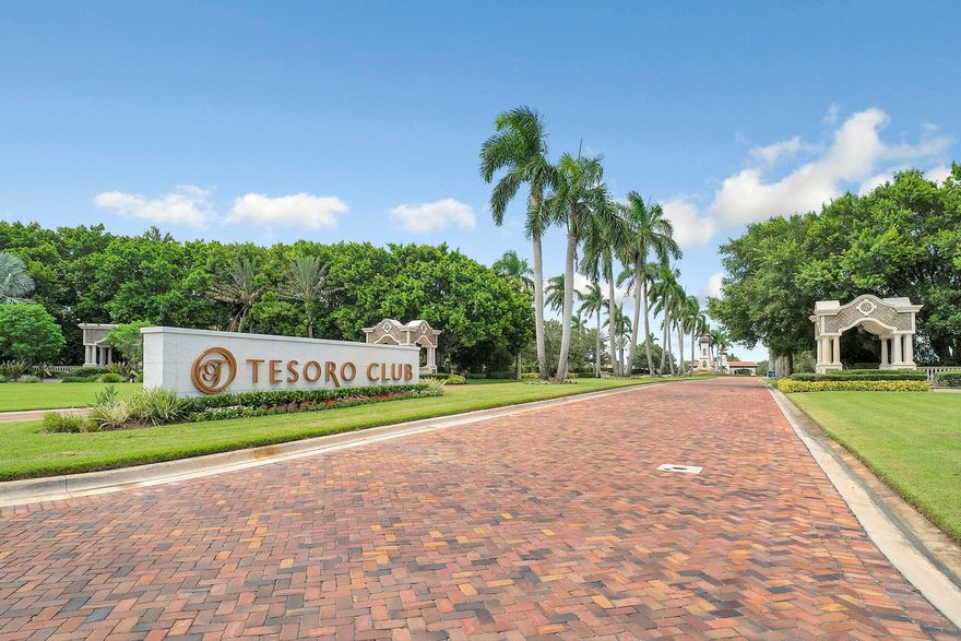 Discover the perfect opportunity to build your dream home on this prime waterfront lot in prestigious Tesoro Club, a private gated golf community. This exceptional property offers stunning water views and access to world-class amenities. Tesoro Club boasts an 18-hole Arnold Palmer-designed golf course, with golf memberships available, allowing you to enjoy the lush fairways and top-notch practice facilities, including a driving range, chipping, and putting areas. Beyond golf, the community features a resort-style swimming pool with poolside cabanas, a relaxing hot tub, and a restaurant for convenient dining. Stay active with access to 9 tennis courts, 11 pickleball courts, and 2 bocce courts, all within the beautifully landscaped grounds of Tesoro Club.