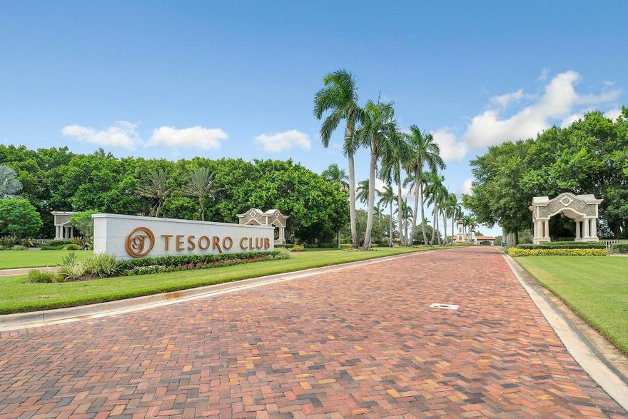 Discover the perfect opportunity to build your dream home on this prime waterfront lot in prestigious Tesoro Club, a private gated golf community. This exceptional property offers stunning water views and access to world-class amenities. Tesoro Club boasts an 18-hole Arnold Palmer-designed golf course, with golf memberships available, allowing you to enjoy the lush fairways and top-notch practice facilities, including a driving range, chipping, and putting areas. Beyond golf, the community features a resort-style swimming pool with poolside cabanas, a relaxing hot tub, and a restaurant for convenient dining. Stay active with access to 9 tennis courts, 11 pickleball courts, and 2 bocce courts, all within the beautifully landscaped grounds of Tesoro Club.