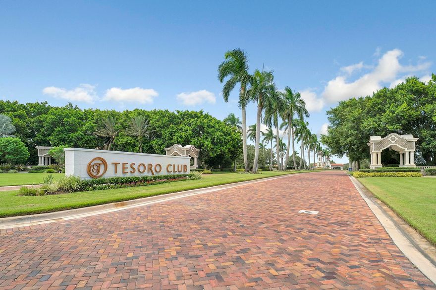 Discover the perfect opportunity to build your dream home on this prime waterfront lot in prestigious Tesoro Club, a private gated golf community. This exceptional property offers stunning water views and access to world-class amenities. Tesoro Club boasts an 18-hole Arnold Palmer-designed golf course, with golf memberships available, allowing you to enjoy the lush fairways and top-notch practice facilities, including a driving range, chipping, and putting areas. Beyond golf, the community features a resort-style swimming pool with poolside cabanas, a relaxing hot tub, and a restaurant for convenient dining. Stay active with access to 9 tennis courts, 11 pickleball courts, and 2 bocce courts, all within the beautifully landscaped grounds of Tesoro Club.