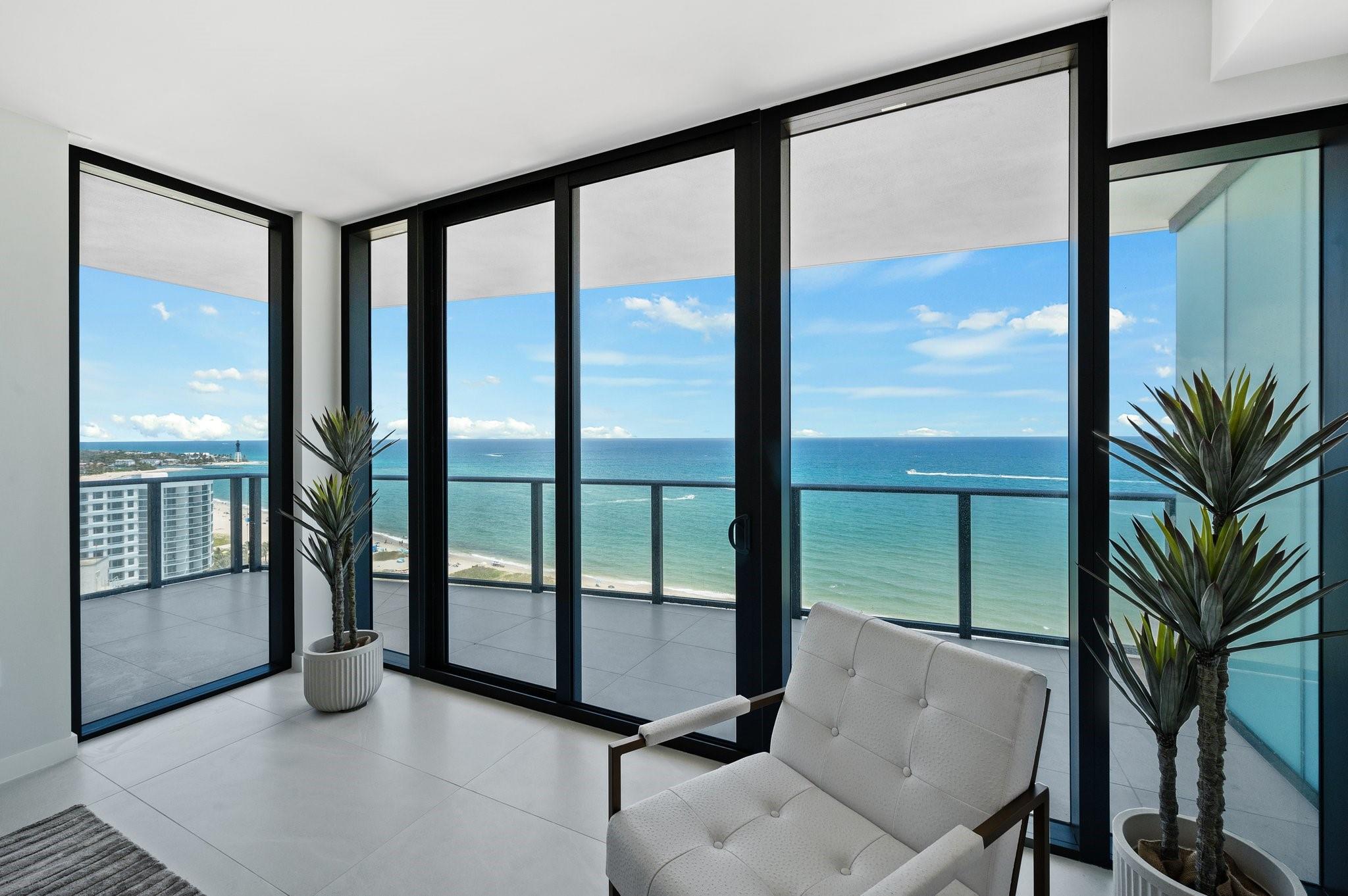 STUNNING NORTH EAST CORNER*FULLY FURNISHED*DIRECT OCEAN & INTRACOASTAL VIEWS, FLOOR TO CEILING WINDOWS. BRAND NEW CONTEMPORARY BUILDING. Perfectly situated on the sand. East & West OVERSIZED WRAPAROUND BALCONIES enjoy perfect sunrise & sunsets! 3 Bedroom with DEN can be 4TH BEDROOM. 3 FULL EN SUITE BATHS & 1/2. Chef’s dream kitchen, waterfall quartz counters, top-of-the-line Wolf appliances, subzero & wine refrigerators, built in coffee maker & gas stovetop. Private oasis, elevator directly into your foyer. 5 star hotel level concierge service, with 24/7 security, valet parking, butler services, Wine Room, Theatre room W/big comfy couches. Cafe overlooking the ocean, 2 pools, beachside service, BBQ areas, big screen TVS, fitness center so much more! SHORT TERM 15K, SEASONAL 20K, YEARLY 18K