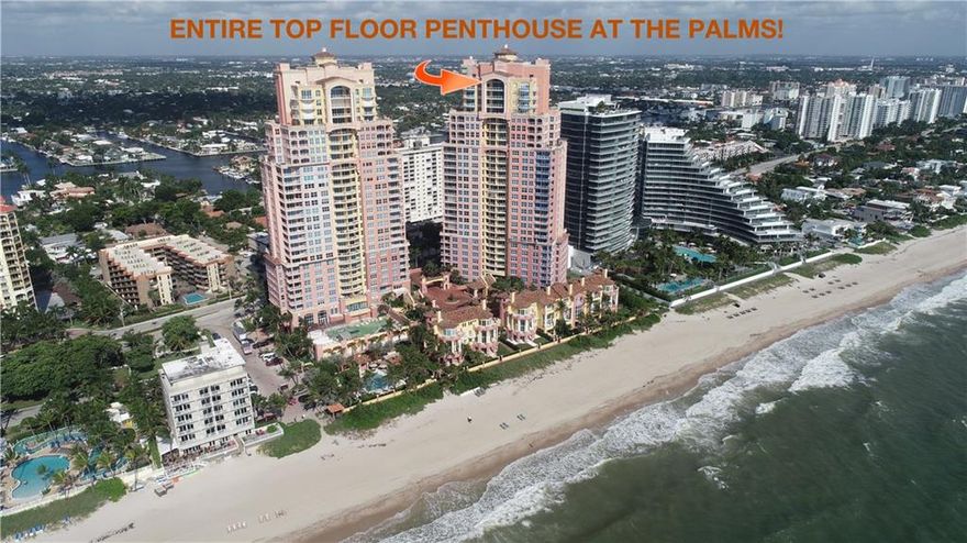 "SUNRISE TO SUNSET"  ENTIRE TOP FLOOR GRAND PENTHOUSE IN THE PALMS! NO NEXT DOOR NEIGHBORS!  STUNNING 360 DEGREE VIEWS OF OCEAN, INTRACOASTAL WATERWAY AND DOWNTOWN FORT LAUDERDALE! BEST VIEWS IN FORT LAUDERDALE!  20' VOLUME CEILINGS WITH THE POTENTIAL TO ADD ADDITIONAL SQUARE FOOTAGE. PRIVATE ELEVATOR OPENS UP DIRECTLY INTO THE RESIDENCE!  4 BEDROOMS 3.5 BATHS!  CAR COLLECTORS WILL LOVE THE 5 CAR GARAGE!! 5 BALCONIES! FULL SERVICE BUILDINGS OFFERS 5 STAR AMENITIES; 24 HOUR VALET & SECURITY, TENNIS, RACUET BALL AND STATE OF THE ART 2 STORY GYM, BEACHSIDE CHAIR & TOWEL SERVICE AND MORE...COME TOUR THIS UNIQUE OPPORTUNITY!
