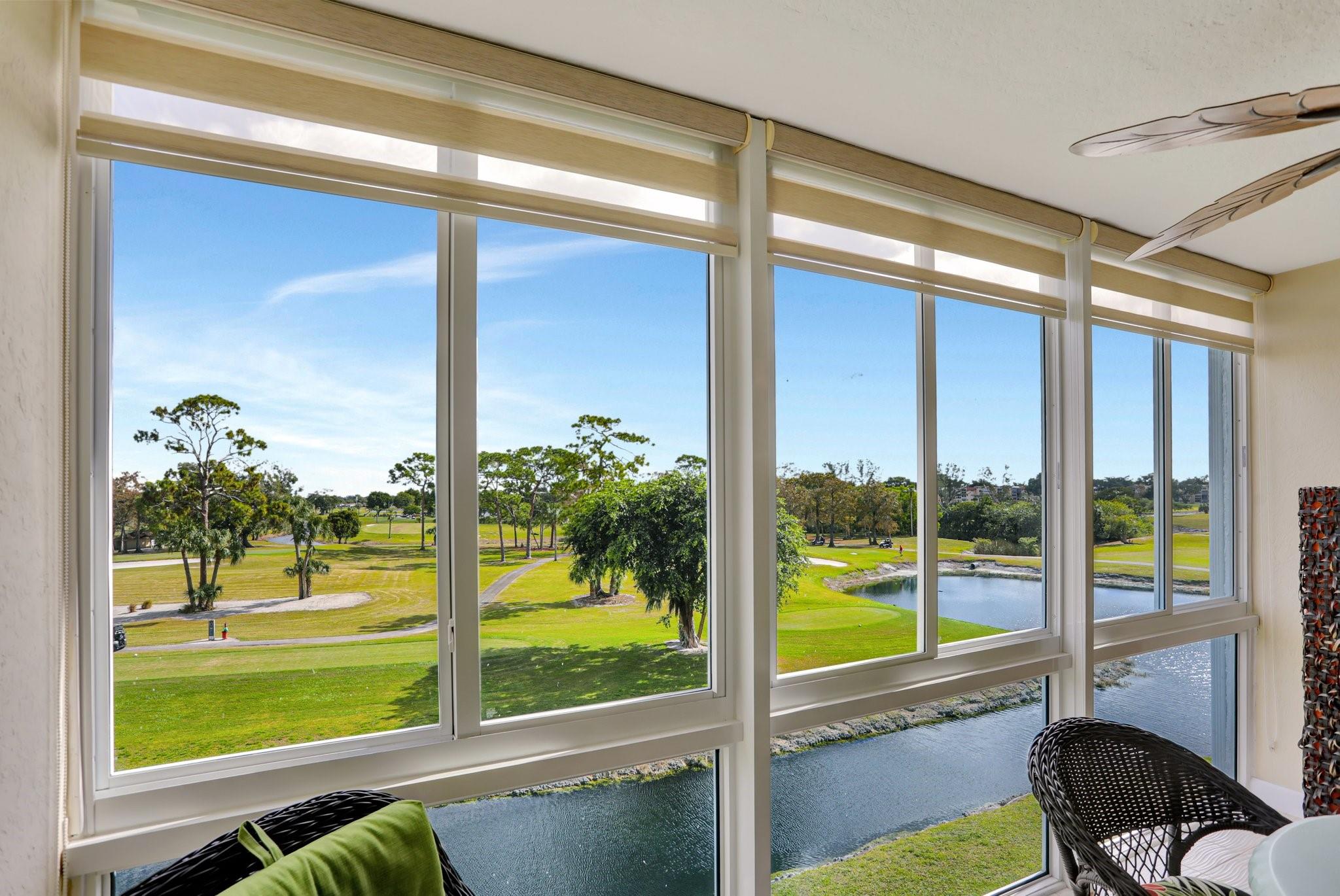 TOP FLOOR PENTHOUSE WITH A PANORAMIC LAKE & GOLF VIEW. LONG GOLF COURSE VIEW ONE MILE DEEP INTO THE FAIRWAYS AND WATER VIEWS. LOCATED ON PUBLIC COURSE. NO GOLF MEMBERSHIP. TILE FLOORING THROUGHOUT. KNOCK DOWN TEXTURE CEILINGS AND WALLS. ALL IMPACT WINDOWS. IMPACT WALL OF GLASS AT FLORIDA ROOM. NEW AIR CONDITIONING SYSTEM. COMPACT WATER HEATER. FRONT LOADING SIDE BY SIDE WASHER AND DRYER. IMMACULATE CONDO. SUPER KITCHEN WITH WOOD CABINETS, GRANITE COUNTERTOPS AND STAINLESS APPLIANCES. NEAR MAIN CLUB HOUSE & POOL. NEW ROOFS HAVE JUST BEEN INSTALLED WITHOUT A SPECIAL ASSESSENT. NEW ELEVATORS CURRENTLY BEING COMPLETED. CONDO ASSOC REPRESENTS 55+ and REQUIRES 20% DOWN NO LEASING FIRST 2 YEARS OF OWNERSHIP. BEAUTIFUL PENTHOUSE