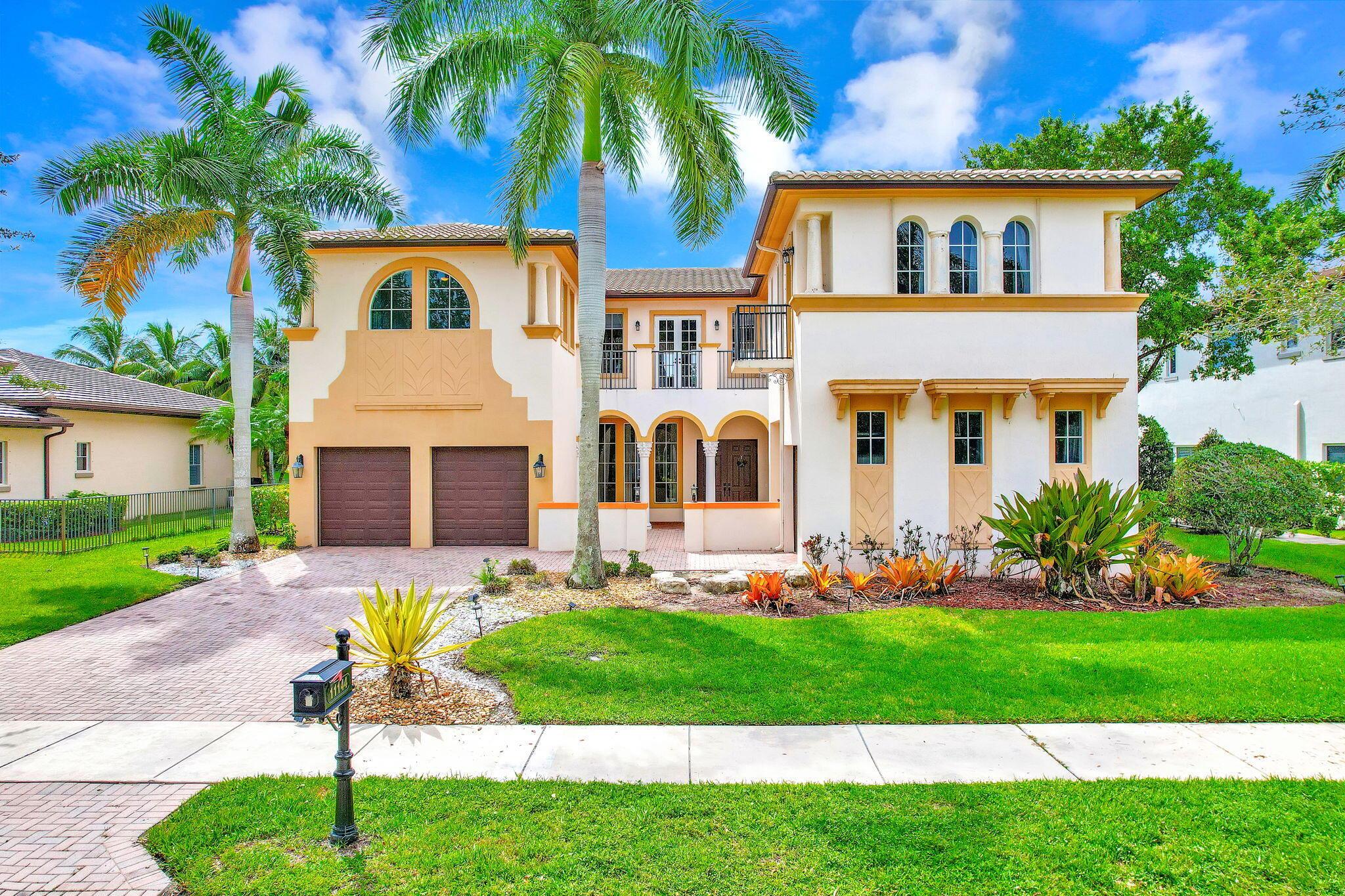 Welcome to this elegant 5 bedroom / 4.5 bathroom Mediterranean style single family house features and open and spacious two-story floor-plan with lots of natural light, luxury natural onyx floor tile , dramatic vaulted ceilings, beautiful archways, fireplace, huge gourmet kitchen with cherry cabinets, granite counter tops ,high end stainless steel appliances, and a gorgeous water view from the immaculate pool area! One new AC 2025 . There is one full bathroom and one bedroom on the 1st floor, master bedroom and bathroom , and other 2 bedrooms and bathrooms are all on the 2nd floor, half bathroom next to the pool in the patio. This home is situated in a great tranquil gated community with 2 clubhouses and lots of amenities! Top notch schools! Negotiable motivated seller!