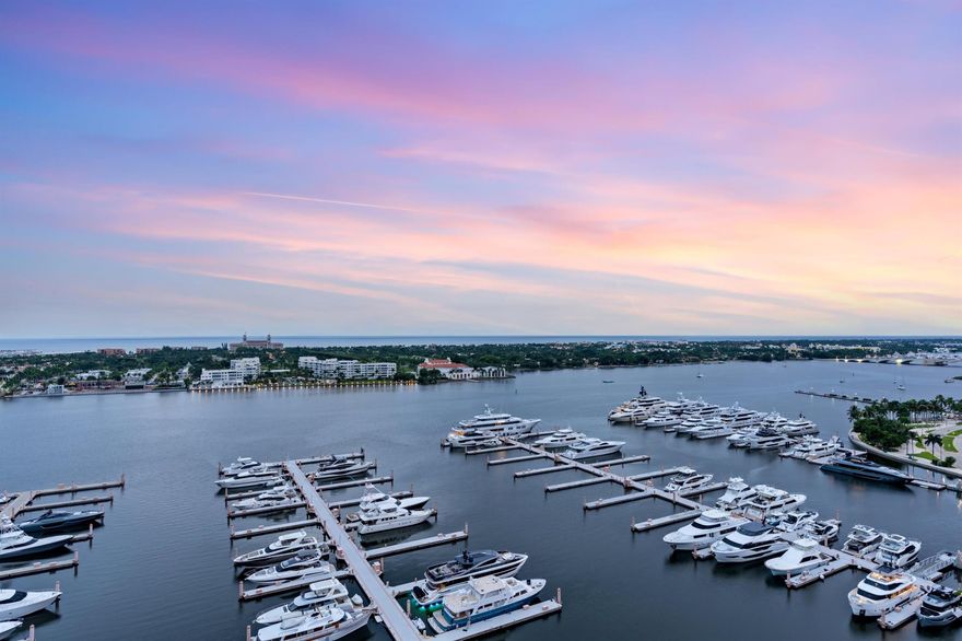 Stunning PENTHOUSE! - Direct East Intracoastal & Ocean Views! Exquisite Recent Renovation - Elegant Italian stone flooring throughout. Impressive kitchen features Thermador refrigerator & oversized wine fridge, Bosch double-ovens & induction cooktop, 2 Fisher & Paykel dishwashers, & refrigerator drawers. The kitchen, living, and dining area maximize water views and open up to a generously sized terrace -- perfect for alfresco dining. Rare flowthrough views from East to West. Three (3) terraces in total. Electric shades & impact doors/windows throughout. Experience breathtaking sunrises and sunsets from every room. Prime location next to Palm Harbor Marina, directly across from The Royal Plaza (Hermes, Sant Ambroeus, PB Grill, etc) on Palm Beach Island. Waterview Towers is...