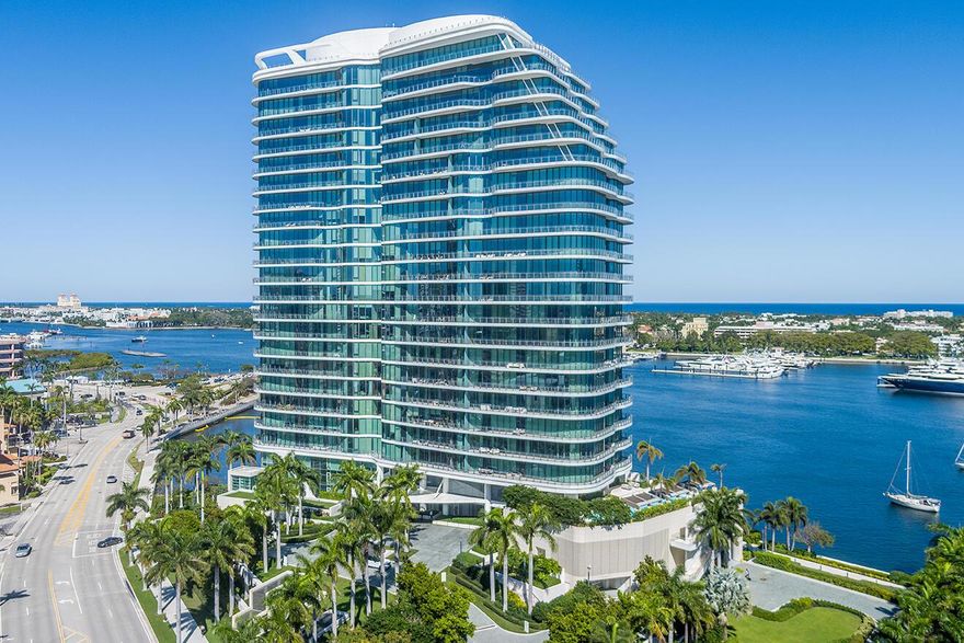 Luxury living at The Bristol, the most important condo building - breathtaking direct Intracoastal and ocean views. Elevate your lifestyle at The Bristol in this turn-key 4,283 sq. ft. 3 BR, den and 4.5 bath condo with unparalleled 5-star amenities. A private elevator opens onto your foyer leading to a real wow factor as you enter the spacious living room with sweeping views of the sparkling waters of the Intracoastal, ocean and yacht basin. Featuring dramatic 11' slider windows, electronic shades, custom closets, and marble flooring throughout. Entertainer's gourmet kitchen with Gaggenau appliances and gas stove.  The primary bedroom has dual baths and walk-in closets.  World-class building amenities include: SEE MORE