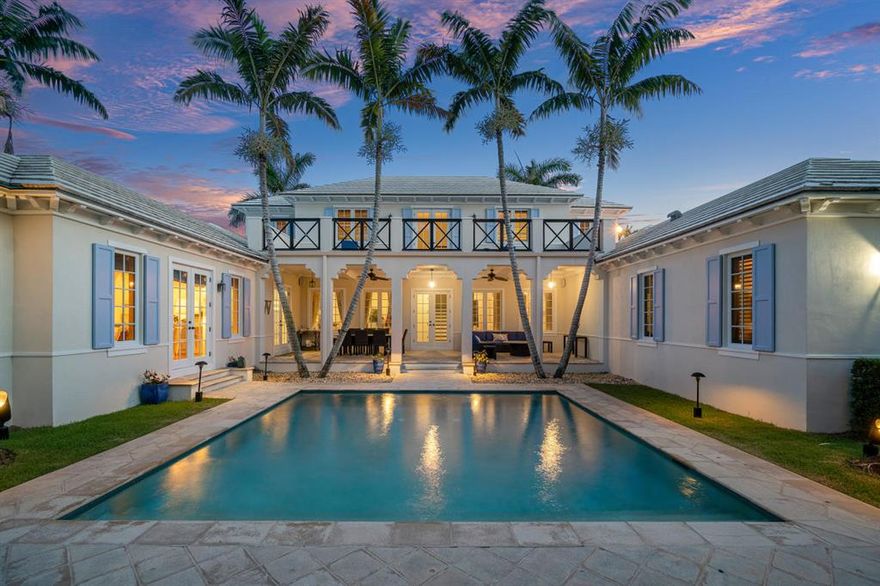 Nestled in the core of Gulf Stream and only one block from the ocean, this five bedroom and 6 full bath home with 6,057 TSF is ideally situated on a generous property with dual street parking. The residence is an absolute architectural gem with fine interior features, such as a first-floor master, vaulted ceilings with tongue and groove detail, impact doors and windows, Brazilian hardwood floors, and custom moldings. Living room with beamed ceilings, and fireplace add to the allure of the home. A generous outdoor loggia and cabana bath lead directly to the pool and are surrounded by lush tropical landscaping. Just steps to a deeded beach access and the Gulf Stream School. Two garage. Move in now and enjoy