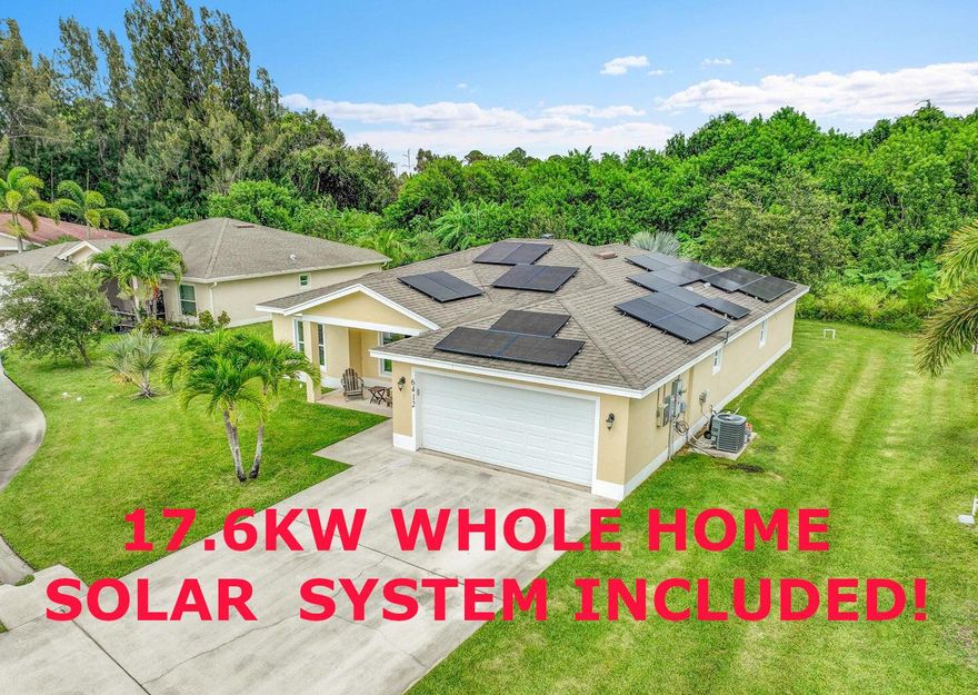 WOW!! FREE POWER!! NE PSL. SAVE $Thousands/Year With NO Power Company (FPL) Usage!! 2017-Built CBS Nearly 1900sf 3+Den/2/2 w/ 2022 EXTENSIVE 17.6KW WHOLE HOUSE SOLAR SYSTEM ($72K System! Remaining Balance Will Be Paid Off By Seller!) Located on Quiet Cul-De-Sac. Granite Kitchen w/ Hi-End Maple Cabinets. Large Family Rm. Den/Office Could Be 4th Bdrm. NO NEIGHBORS BEHIND. Elementary 5 Minutes away! Intracoastal 10 Minutes. Roman Tub/Separate Shower And Dual Vanities In Mstr Bath. Covered Patio. Remarkable Value. (Agent Can Provide Utility Bill Showing NO FPL USAGE For Buyer Review.)