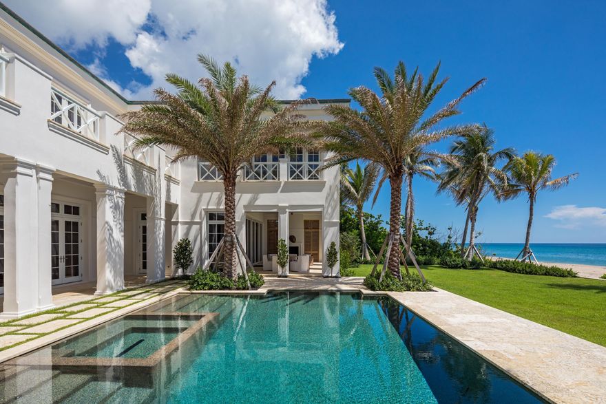 Completely Rebuilt in 2017... Begin each day with the sun rising over the horizon on the most spectacular stretch of beach located at 3501 N Ocean Blvd. in Gulf Stream. This classic yet chic new oceanfront estate is set high above the dune in sublime privacy offering expansive ocean views from nearly every room. Tucked behind privacy gates, an amenity rich lifestyle evocative of perfection awaits the most discerning.  Sophisticated design by Rustem Kupi architects blends the most luxurious finishes and modern conveniences with the latest codes and standards of today. A flexible floor plan revealing 7,486 TSF, five bedrooms, and 5.2 Baths constitute the finest in architectural finishes with an open layout creating airy, sun-drenched interiors.